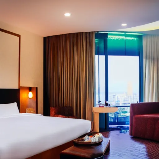 Image similar to a hotel room in thailand, 8 k photography