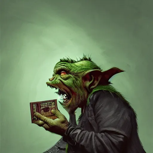 Image similar to Epic portrait A green fat goblin with a sharp chin stealing bag of money with his hands, Side profile, sharp teeth, small, digital painting, artstation, concept art, soft light, hdri, smooth, sharp focus, illustration, fantasy, intricate, elegant, highly detailed, D&D, matte painting, in the style of Greg Rutkowski and Alphonse Mucha and artemisia, 8k, highly detailed, jurgens, rutkowski, bouguereau, pastoral, rustic, georgic