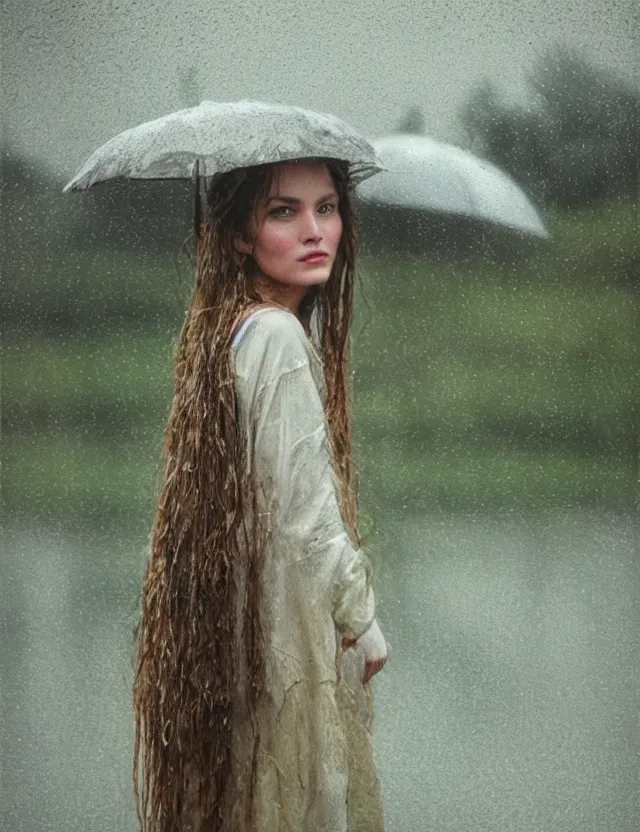 Image similar to wet long hair very beautiful happy peasant girl under the rain, country style, portrait, Cinematic focus, Polaroid photo, vintage, neutral colors, soft lights, foggy, by Steve Hanks, by Serov Valentin, by lisa yuskavage, by Andrei Tarkovsky 8k render, detailed, oil on canvas