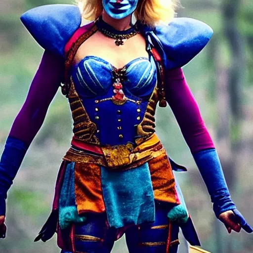 Prompt: photo of Margot Robbie as a jester warrior with weapons