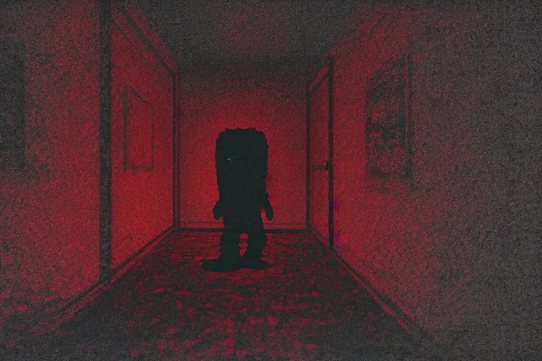 Image similar to cctv footage of an extremely dark empty room with evil horror humanoid cryptid monster made out of static, dark deep black shadows, crimson red and black color contrast in the style of trevor henderson and james ensor goya, liminal space, 3 d render, glitch effect