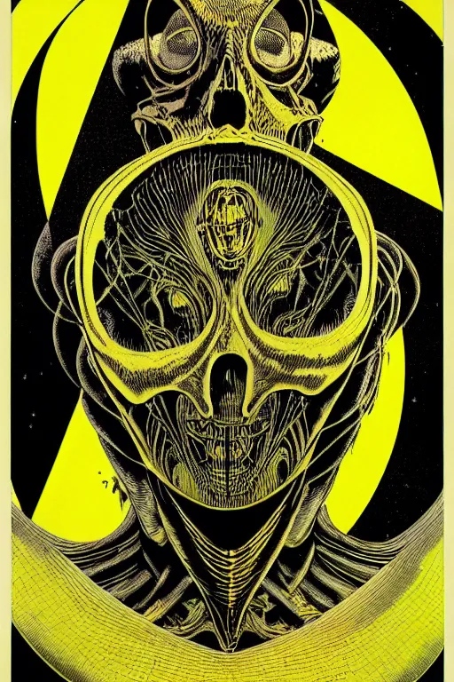 Image similar to black and yellow technicolor color risoprint, richard corben, wayne barlowe, moebius, heavy metal comic cover art, psychedelic triangular skeleton, very intricate, full body portrait, symmetrical face, in a concentric background, galactic dark colors