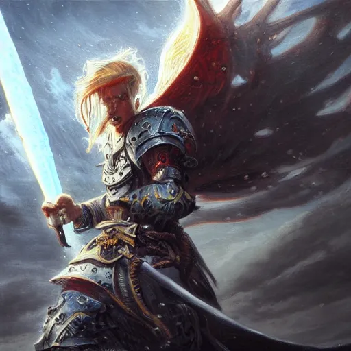 Image similar to fantasy painting of Elric wielding Stormbringer, painted by Bayard Wu, ultra detailed, 8k