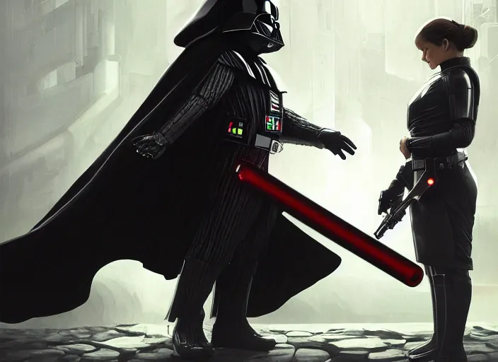 Image similar to a Photorealistic dramatic hyperrealistic render of darth vader facing off against a cute corgi, futuristic star wars vibe, by WLOP and Artgerm and Greg Rutkowski and Alphonse Mucha, Beautiful dynamic dramatic dark moody lighting, shadows, cinematic atmosphere, Artstation, concept design art, Octane render, 8K, masterpiece, sharp focus