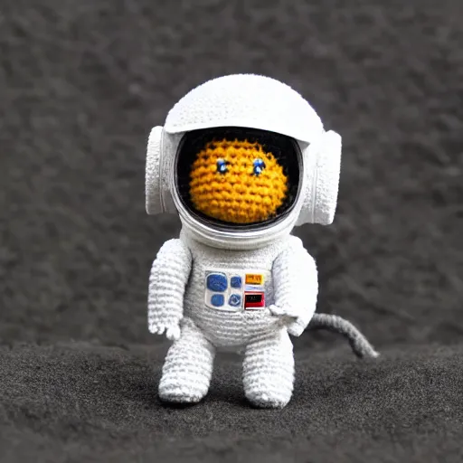 Prompt: a miniature amigurumi astronaut. Diorama. very Full Detailed. 4k. Macro 200 mm