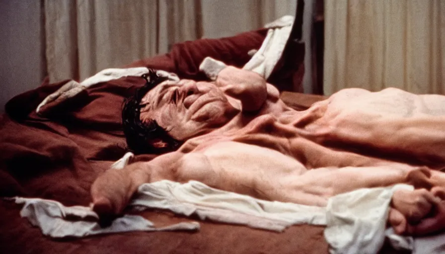 Prompt: 1 9 7 0 s movie still of the death of jean - paul marat, cinestill 8 0 0 t 3 5 mm, high quality, heavy grain, high detail, panoramic, cinematic composition, dramatic light, ultra wide lens, anamorphic