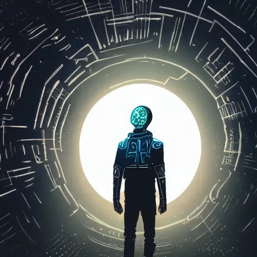 Prompt: in the style of max prentis and deathburger and laurie greasley a young man wearing a cyberpunk headpiece who is standing in front of a large circular ancient glowing portal, highly detailed, 8 k wallpaper