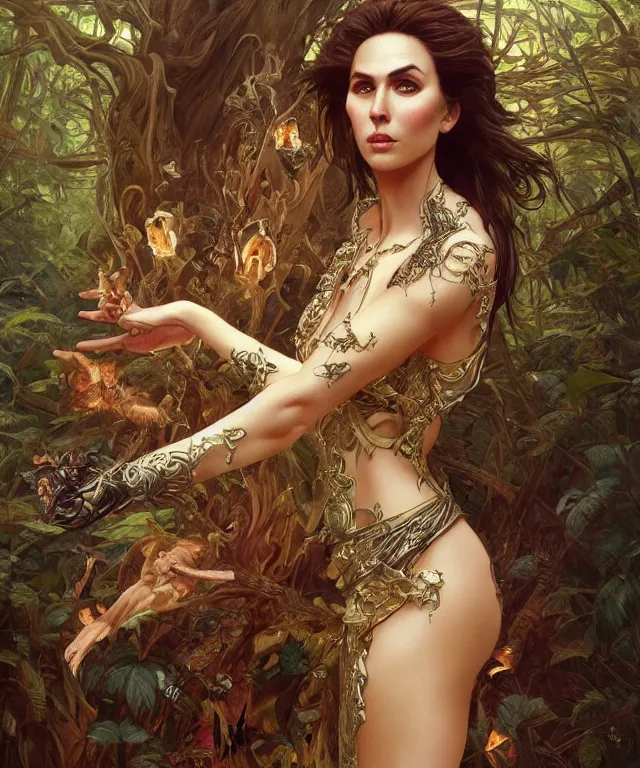 Image similar to epic full body portrait of Nicolas Cage fantasy, intricate, elegant, highly detailed, digital painting, artstation, concept art, smooth, sharp focus, illustration, deep forest on background, art by artgerm and greg rutkowski and alphonse mucha,