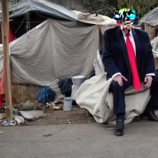 Image similar to donald trump dressed as a homeless man living in the slums