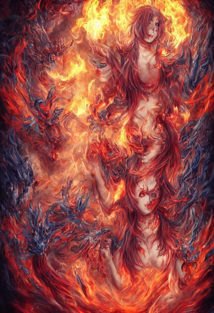 Image similar to stunning female demons surrounded in fire, korean, buddhist, naraka otherworldly rising from the blue fire, crystal amber eyes, wings, very detailed face, smile, monster teeth covered in red, dark and mysterious, full body, rococo, cinematic, epic, very detailed, full body, sun god, death god, hell