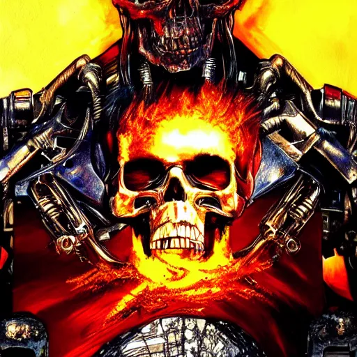 Image similar to terminator skull on flaming town background, acrilic paint, digital, artstation, detailed intricate ink illustration, heavenly atmosphere, digital art, overdetailed art, concept art, complementing colors, trending on artstation, cgstudio, the most beautiful image ever created, dramatic, subtle, details, award winning artwork, beautiful scenery