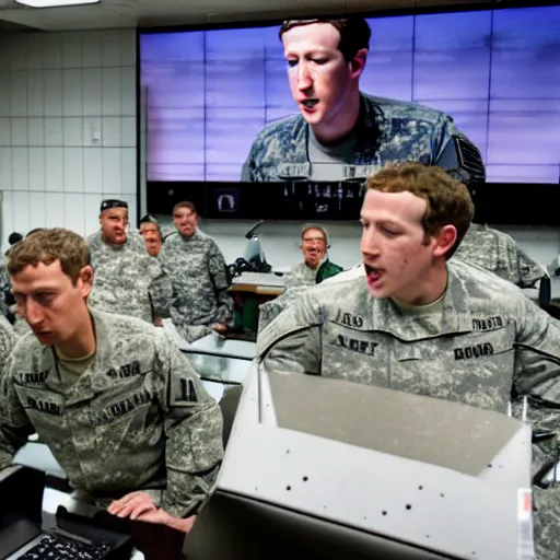 Image similar to mark Zuckerberg controlling a giant military drone from inside a military command center. Images of war on big screens.