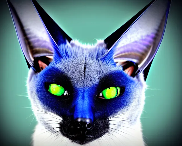 Image similar to a blue - and - black male blue / green heterochromatic catbat fursona with blue / green heterochromatic eyes ( one eye green ) and huge bat ears, photo of the catbat streaming on his computer