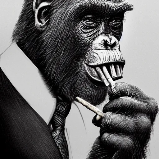 Image similar to a high detail photo of donald trump smoking a cigarrette, subject= chimp, subject detail: extremly detailed, subject action: smoking a cigar, photorealism, dramatic lighting, award winning photograph, trending on artstation