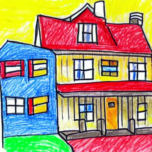 Prompt: drawing of a house by a three year old with crayons