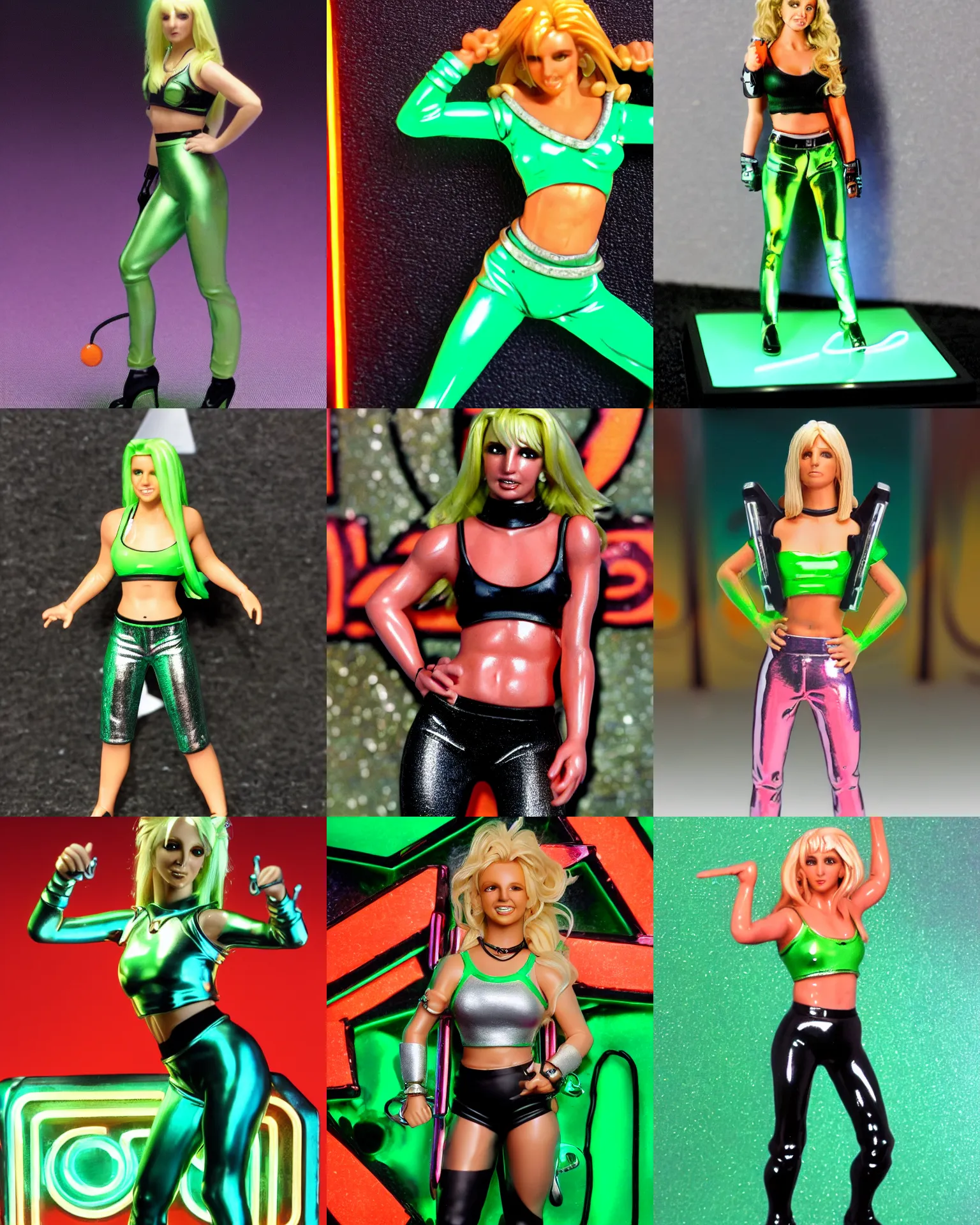 Prompt: HD photo of a Scifi Fantasy Britney Spears with wavy blonde hair in a square-cut neckline metallic green crop top and black leggings in front of an orange neon sign. (You Drive Me) Crazy music video 1999. Games Workshop miniature. D&D TTRPG Warhammer 40k mini. 25mm Heroic Scale. OSL, NMM, Citadel Colour paint, zenithal priming. 28mm round base with custom terrain.