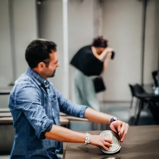 Prompt: photograph of man flipping a coin, wife in the background, DSLR photography