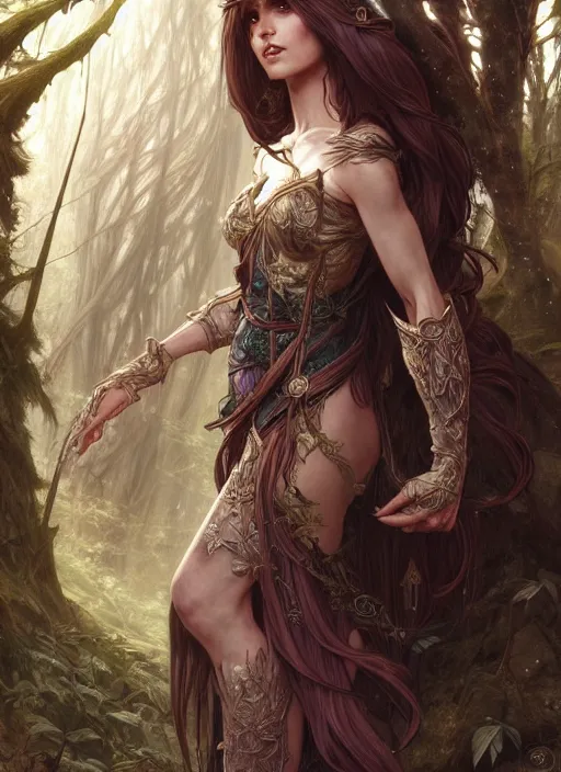 Prompt: medium shot of a fantasy elf female sorceress queen with long hair flowing in an ancient forest filled with magic, highly detailed, digital painting, artstation, smooth, sharp focus, illustration, art by artgerm and greg rutkowski and alphonse mucha, intricate dress, fine