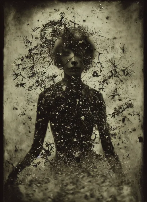 Image similar to old wetplate daguerreotype portrait, explosion of data fragments, thin micro fibers, fractal, intricate, elegant, highly detailed, parallax, leica, medium format, subsurface scattering, by jheronimus bosch and greg rutkowski and louis jacques mande daguerre