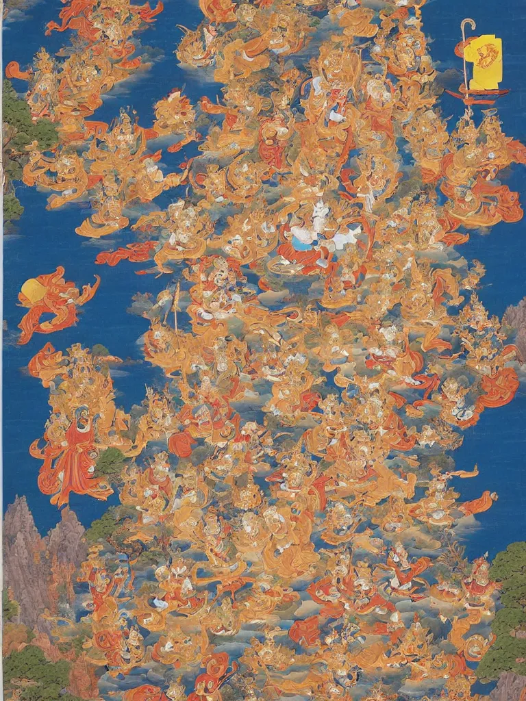 Prompt: a Beautifully exquisite WUKONG Thangka, with intricate details and bright colors. WUKONG is shown in the center, surrounded by demons that he is defeating. The background is a deep blue, with mountains and clouds. The thangka is framed in a gold border, from which rays of light are emanating by WU DAOZI, zhang xuan, qiu ying, Chris Saunders,