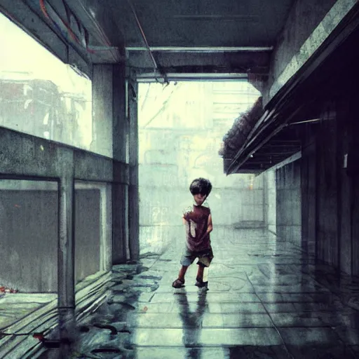 Prompt: a boy playing in a hdb void deck, by greg rutkowski