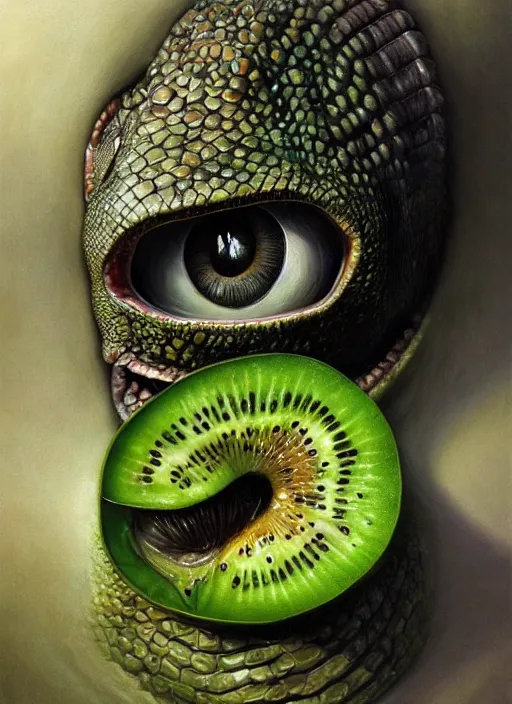 Image similar to kiwi fruit mf doom reptile eyes, kiwi fruit skin. intricate, elegant, highly detailed, centered, digital painting, artstation, concept art, smooth, sharp focus, illustration, artgerm, tomasz alen kopera, peter mohrbacher, donato giancola, joseph christian leyendecker, wlop, frank frazetta