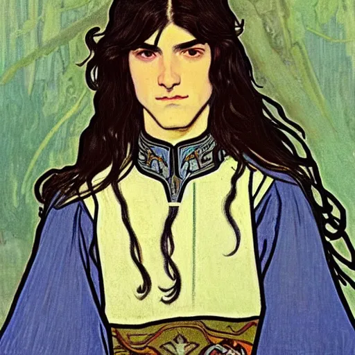 Prompt: portrait painting of young handsome beautiful paladin elf!! man with long! wavy dark hair in his 2 0 s named taehyung minjun adam at the blueberry party, wearing armor!, long hair, elf ears, blue eyes, blueeyes!, elegant, delicate, soft facial features, art, art by alphonse mucha, vincent van gogh, egon schiele,