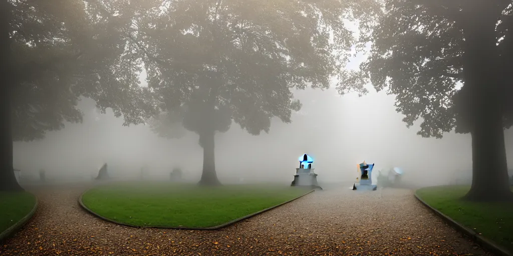 Prompt: highgate cemetary, fog, rain, volumetric lighting, beautiful, golden hour, sharp focus, ultra detailed, cgsociety