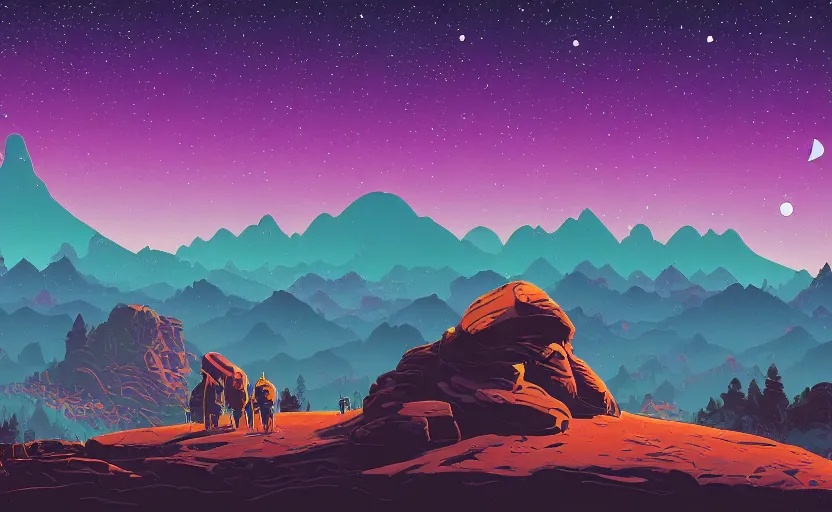 Prompt: mountains, stars and paisley filled sky, artstation, intricate, highly detailed, digital painting, concept art, sharp focus, illustration by Tom Whalen and Simon Stalenhag