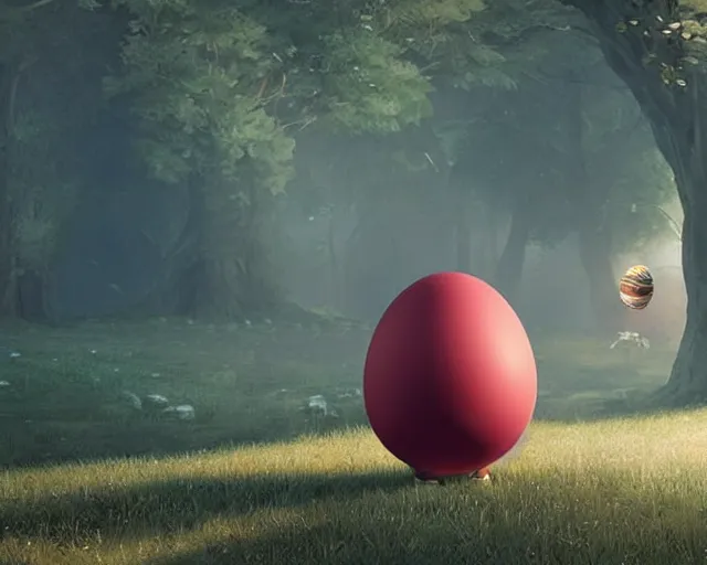 Prompt: of a very beautiful scene. a sweet fat old woman is in love with a huge, colorful and beautiful egg. hyper realistic. 4 k. wide angle. in the baroque style. wild. symmetrical face, red mouth, blue eyes. deep focus, lovely scene. processing block environment. concept art. unreal engine.