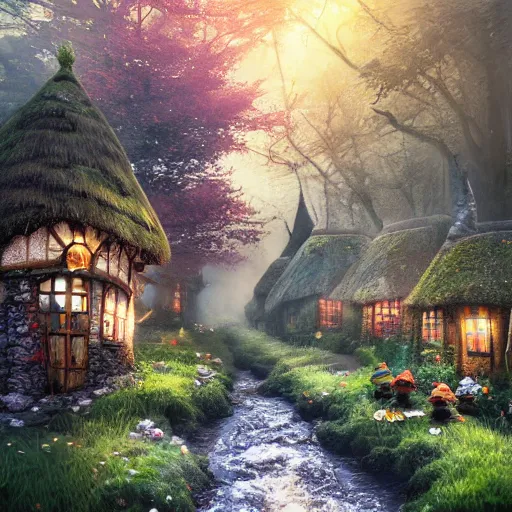 Image similar to forest grove, little gnomes, wooden moss covered houses, birds, flowing streams, cobblestone, windows lit up, thatched roofs, smoke puffing from chimneys, great forest trees, beautiful flowers, magical sunlight, yoshitaka amano, stunning, trending, best ever digital illustration,