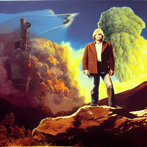 Prompt: ultra realistic portrait painting of john denver in west virginia with a nuclear explosion in the background,, art by frank frazetta, 4 k, ultra realistic, highly detailed, epic lighting