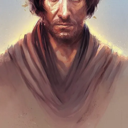 Image similar to portrait of a man by greg rutkowski, jedi master, arabian features, messy long black hair, wearing orange jedi robes, star wars expanded universe, he is about 6 0 years old, highly detailed portrait, digital painting, artstation, concept art, smooth, sharp foccus ilustration, artstation hq