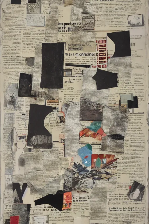 Prompt: an abstract collage artwork made of cut - up shapes on old paper : : organic shapes, newspaper clippings, old photographs, graphical ephemera : : dynamic composition in the style of kurt schwitters