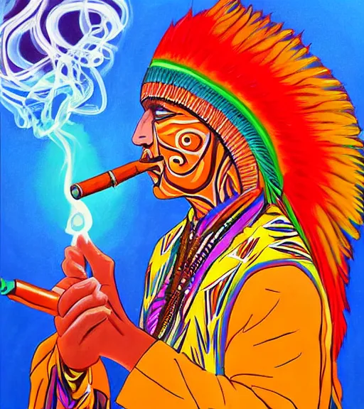 Image similar to Painting in a style of Alex Grey of a shaman dressed in a colorful traditional clothes. He is smoking a pipe