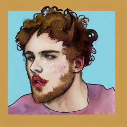 Prompt: abstract watercolor drawing of a young cute handsome beautiful strawberry blond medium very curly thick hair man in his early 2 0 s wearing a blank maroon t - shirt with grey - blue eyes, by elizabeth peyton and alphonse mucha, trending on artstation, artgen, tumblr