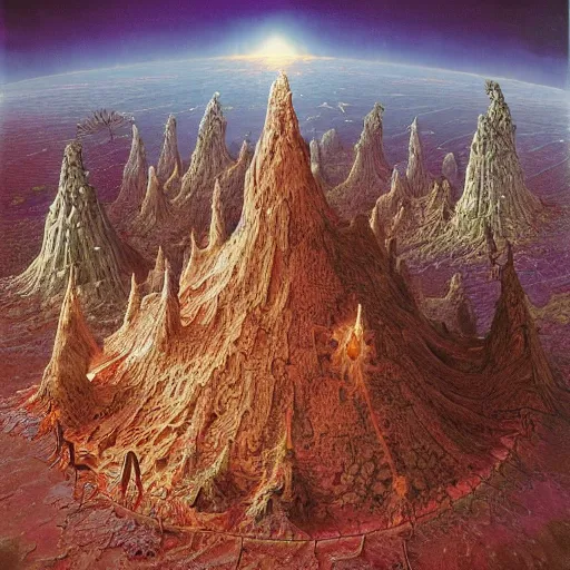 Image similar to a hybrid of the mandelbox and a barren hellscape populated by demons, illustrated by thomas kincade and wayne douglas barlowe and chris foss, hyperrealism