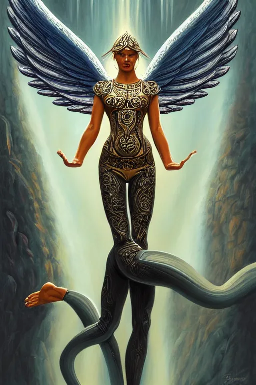 Image similar to angel doing yoga in temple, angel is wearing a t - shirt with metal band logo, fantasy, intricate, elegant, highly detailed, digital painting, artstation, concept art, matte, sharp focus art by boris vallejo, smooth, sharp focus, illustration