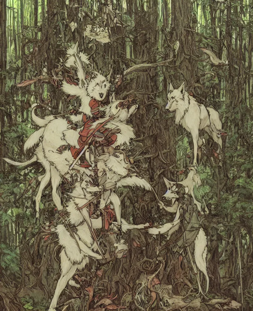 Image similar to Princess Mononoke, single figure, wolves, fully clothed in armor, lush fairy forest, neon, concept art, schematics, studio ghibli, gnarly trees, painted by norman rockwell, mucha, james gurney, high detail, denoised, sharp, architectural