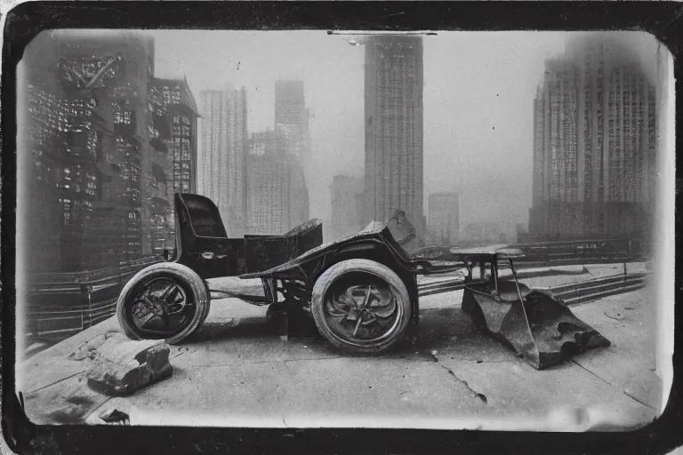 Prompt: cyberpunk 1 9 0 8 model ford t by paul lehr, jesper esjing, metropolis, view over city, vintage film photo, damaged photo, scratched photo, scanned in, old photobook, silent movie, black and white photo