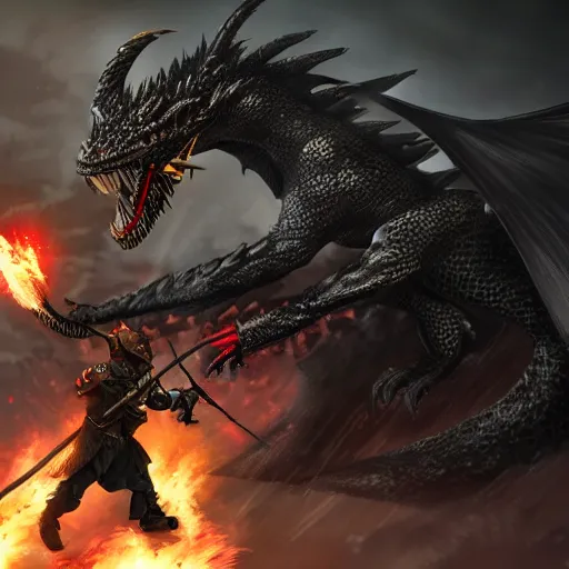 Prompt: A warlord fighting a black dragon, cinematic, artstation trending, 8k resolution