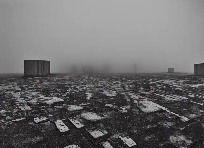 Prompt: high resolution black and white photography with a 3 5 mm f / 2 2. 0 lens of brutalist architectural building blocks in the middle of a russian wasteland in the 1 9 8 0 s in the middle of nowhere, there is fog. fine art photography and very detailed