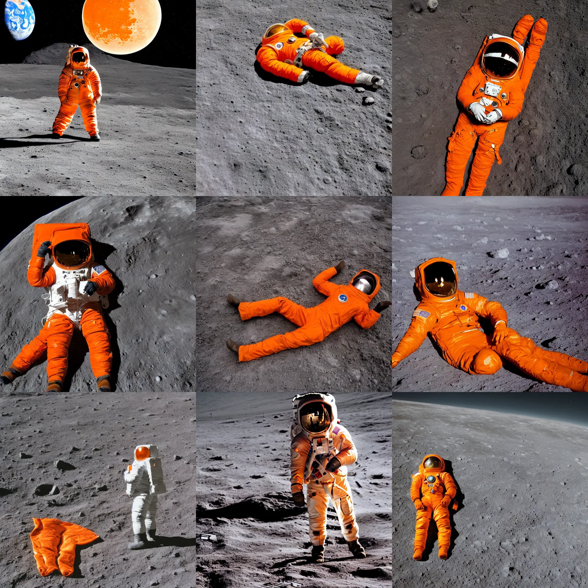 Prompt: a man wearing an orange astronaut suit lying on the moon's surface, looking at a destroyed earth planet