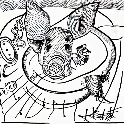 Image similar to detailed line art doodle sketches of a pig wearing a gold crown by Dr. Seuss