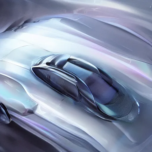 Image similar to full view of a car, painted in white holographic pearlescent, elegant, digital painting, concept art, smooth, sharp focus, art style from Wang Ke and Greg Rutkowski and Bruce Kaiser and Scott Robertson and Dmitry Mazurkevich and Doruk Erdem and Jon Sibal, small style cue from Blade Runner