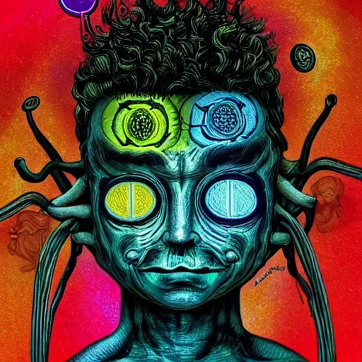 Prompt: three three eyed humanoids, third eye middle of forehead, wide wide shot, hairy bodies, vivid colors, thin wires, beautiful lighting