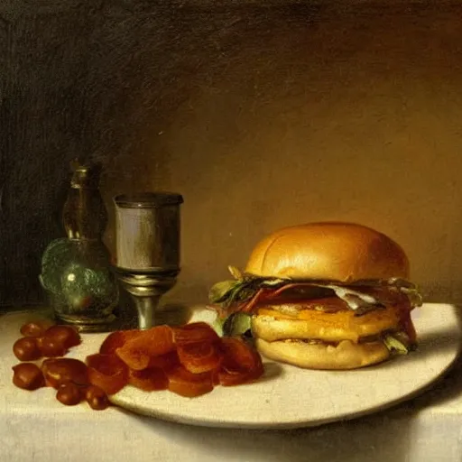 Prompt: hamburger in still life. dutch masters, 1 8 th century. oil on canvas. juicy, fresh, delicious, mouth - watering