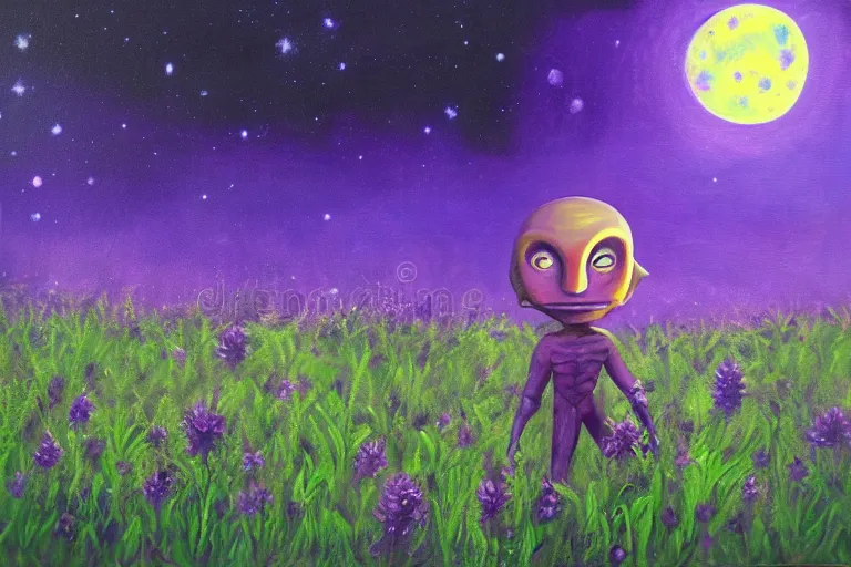 Image similar to a oil painting of a extraterrestrial alien lost in a meadow, tall plants, purple lighting, night sky, glows, moonlight,