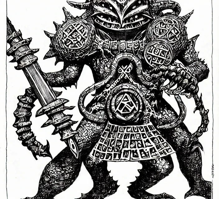 Image similar to an octorok from legend of zelda as a d & d monster, pen - and - ink illustration, etching, by russ nicholson, david a trampier, larry elmore, 1 9 8 1, hq scan, intricate details, high contrast, no background