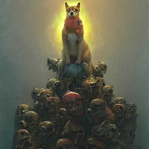 Image similar to anthropomorphic shiba inu, wearing gold armor, standing on pile of skulls, graveyard of skulls, fantasy 3 d render, masterpiece, glowing red light aura, by donato giancola and greg rutkowski and wayne barlow and zdzisław beksinski, realistic face